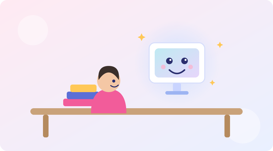 Ilustrație cu un copil la birou alături de un ecran AI prietenos și un teanc de cărți, despre învățarea cu inteligența artificială