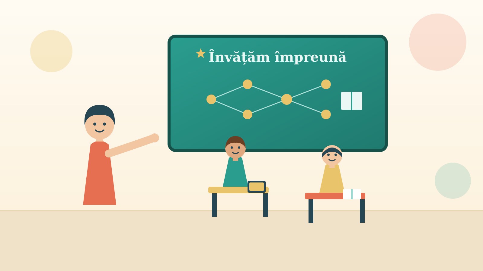 Învățătoarea în era AI explică o lecție la tablă, lângă o rețea neuronală, în timp ce doi copii învață în clasă